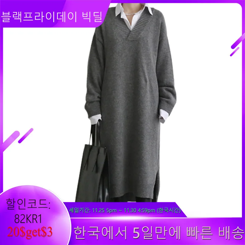 

Fashion Women Knitting Dress 2021 Autumn Winter Solid Color Warm V-neck Long Sleeve Split Fork Women Casual Simplicity Japanese