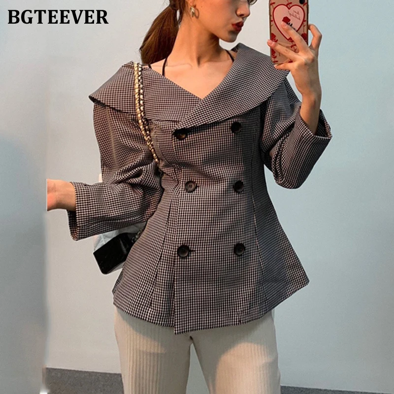 Женский костюм BGTEEVER с отложным воротником двубортный клетчатый пиджак длинным