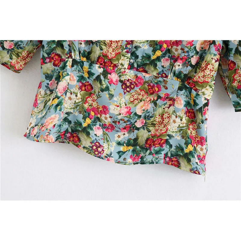 

2020 Women Vintage Floral Print Cropped Blouses Fashion Female V Neck Short Sleeve Side Zipper Shirts Chic Blusas Mujer
