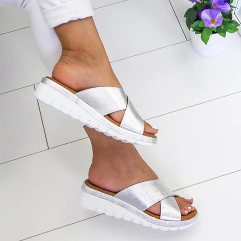 

Women Slippers Slides Summer Beach Sandalias Outdoor Flip Flops Cross Tied 3.8cm Platform Sandals Women Wedges Plus Size 43