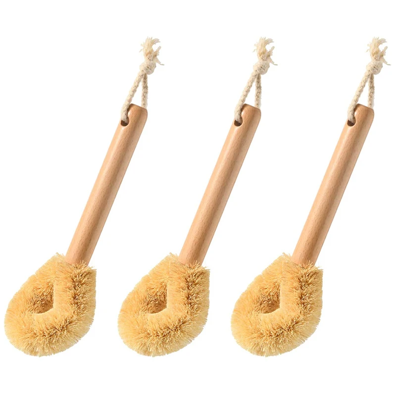

Natural Cast Iron And Bowl Brush, Wooden Kitchen Scrubber For Cleaning Pots/Pans, 9.4 Inches, Set Of Three