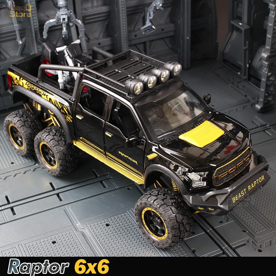 

1:28 Diecast SUV FORD RAPTOR Metal Model Car Toy Big Wheels Alloy Vehicle Sound & Light Pull Back Car Boy Kid Toys Christmas
