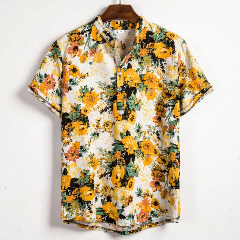 

Mens Shirts Holiday Classic Cotton Tropical Plants Print Blouse Men Caseal Loose Breathable Short Sleeve Henley Shirt