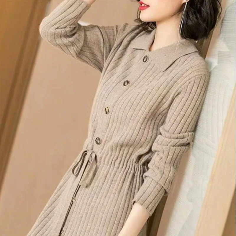 

New Doll collar Sweater Dress for Women Autumn Winter Solid Drawstring Slim waist Knitted Dresses Long Sleeve Midi Party Dress