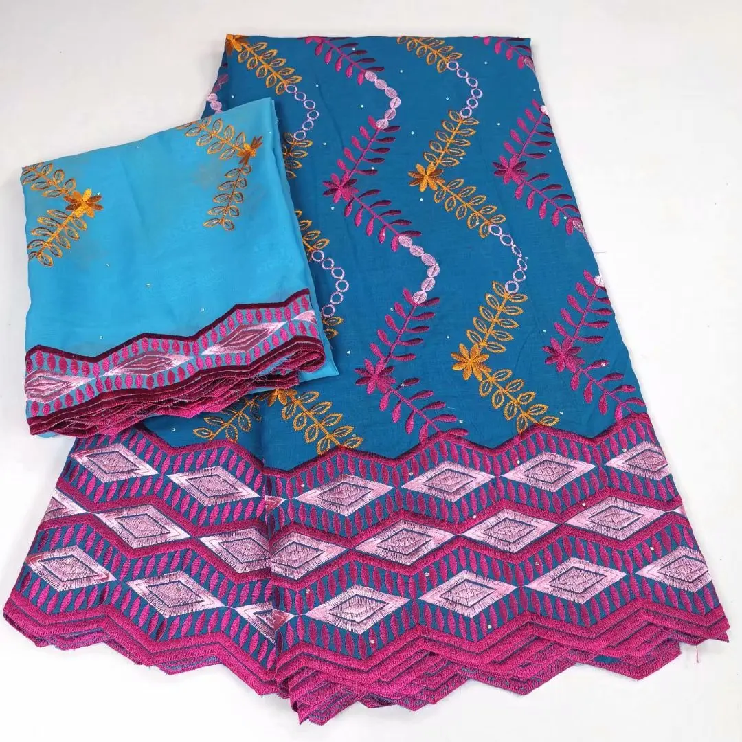 

Blue African Cotton Lace Embroidery Swiss Voile Fabric With 2Y Chiffon Cloth Nigerian Sewing Material Dentelle Africaine YCX7