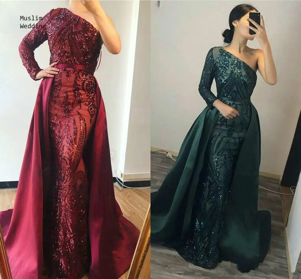 

Luxury Dubai Arabic Evening Dress With Detachable Train Mermaid One Shoulder Sequin Long Sleeve Prom Dress 2020 Green Party Gown