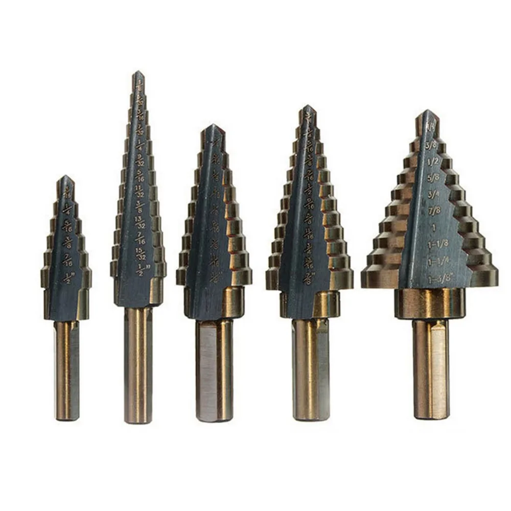 

5pcs British Pagoda Drill Triangular Handle Step Drill Set Titanium Coated Hss 4241 Cone Pagoda Drill Bit For Woodworking Tools