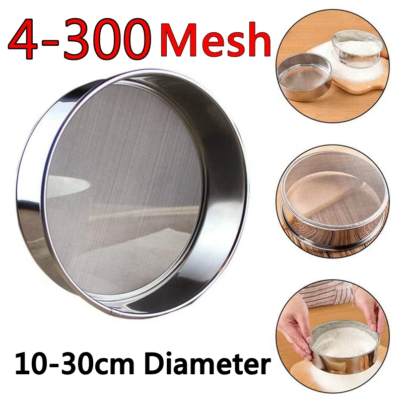 

4-300M Round 304 Stainless Steel Flour Sieve Kitchen Food Bean Filter Screen Lab Powder Filter Sieve Strainer Sifter Baking