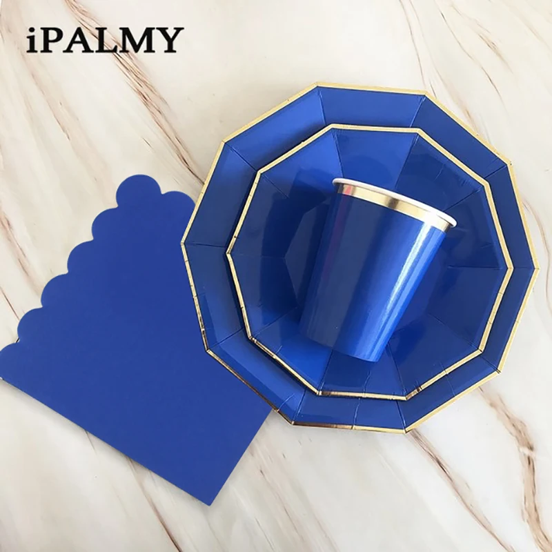 

Top Grade Disposable Paper Partyware Gold and Blue Dinner Plate Cups Tissue Napkins for Birthday Baby Shower Party Supplies