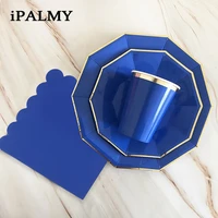 top grade disposable paper partyware gold and blue dinner plate cups tissue napkins for birthday baby shower party supplies