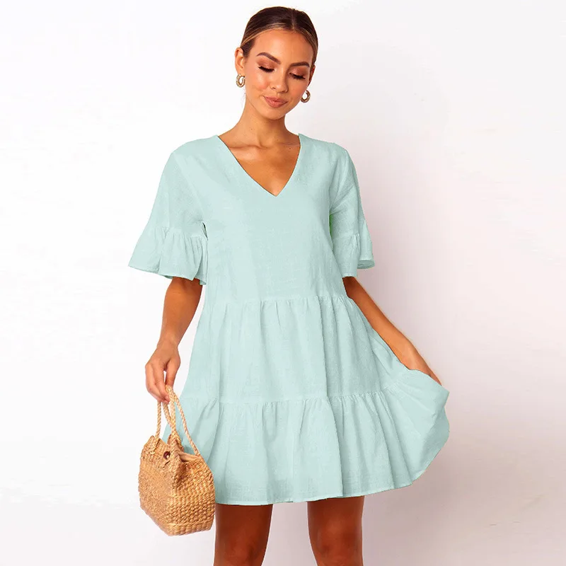 

Donsignet Fashion Women's Dress Summer Casual V-neck Pullover Solid Color Ruffled Short-sleeved Mini Dress Plus Size