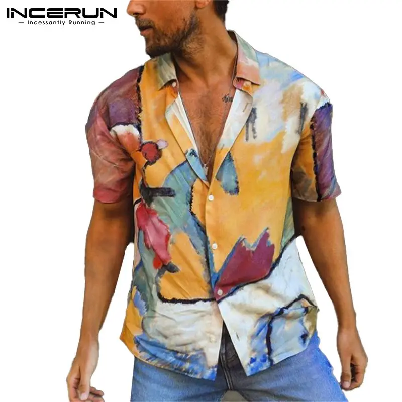 

INCERUN Men Hawaiian Shirt Printing Lapel Short Sleeve Fashion 2021 Casual Men Clothing Breathable Summer Vacation Camisas 3XL 7