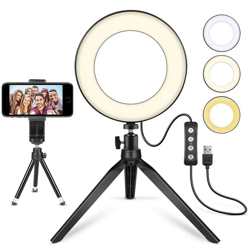 

6 Inch Selfie Ring Light with 2 Tripod Stand 1 Phone Holder for Makeup Live Youtube Video Stream Studio LED Camera Ring Light