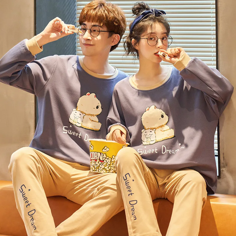 

Cotton Cute Round Collar Leisure Home Suit Blue Cartoon Lattice Pijamas Couple Nightwear Autumn Winter Long Sleeve Women Pajamas