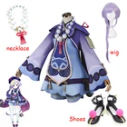 Костюм для косплея Genshin Impact Qiqi, женский костюм для косплея, фиолетовый костюм зомби, платье на Хэллоуин, ожерелье, шляпа, полный комплект