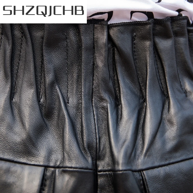 JCHB 2021 Streetwear High Waist Genuine Leather Shorts Women Autumn Winter Slim Wide Leg Trousers Luxury Elastic Waist Sheepskin