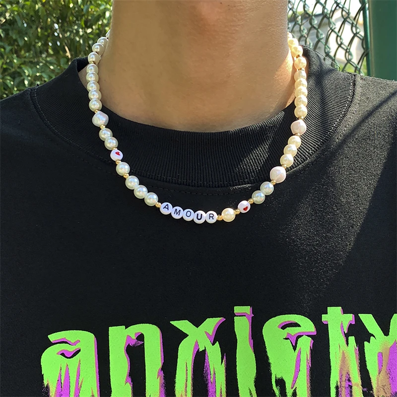 

Simple Acrylic Letter Heart Shaped Beaded Necklace Trend Hip Hop Style Men's Pearl Clavicle Chain Men's Jewelry Accessories Gift