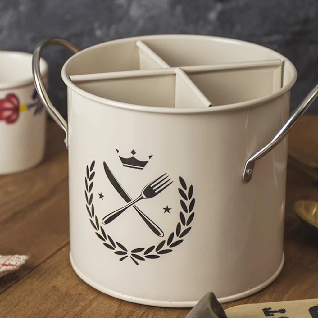 

Metal Hollow Bottom Spoon Tableware Tube Cage with Handle & Compartment