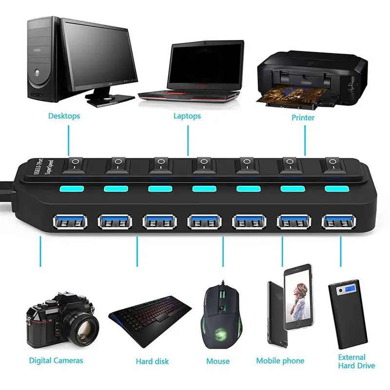 Концентратор USB 3 0 расширитель 7 портов с мощным адаптером и переключателем