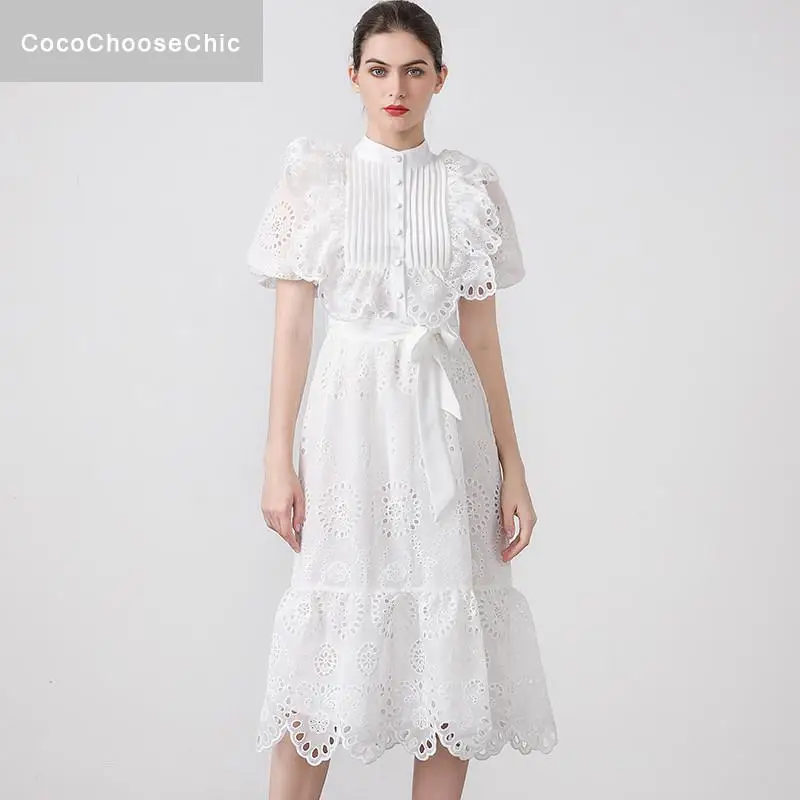 

Wedding Party Dress Summer 2022 Spring Luxury Designer Women Dress Ruffles Short Puff Sleeve Hollow Out Embroidery White Dress
