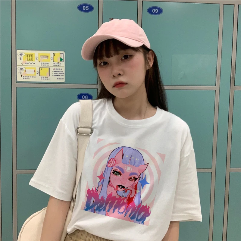 

Ulzzang Pink Cute Devil Girl Print Tops Women T-shirt Casual Loose Summer Japan Chic Vintage Harajuku Demon INS Clothing