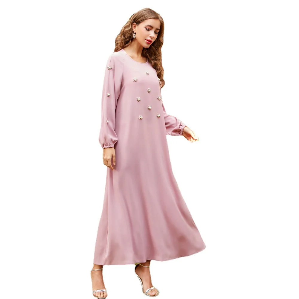 

BA717 Pink Hand Sewn Rhinestone Pearl Noble Long Sleeve Dress Middle East Turkey Muslim Dubai Lady Dress Abaya Ramadan Robe