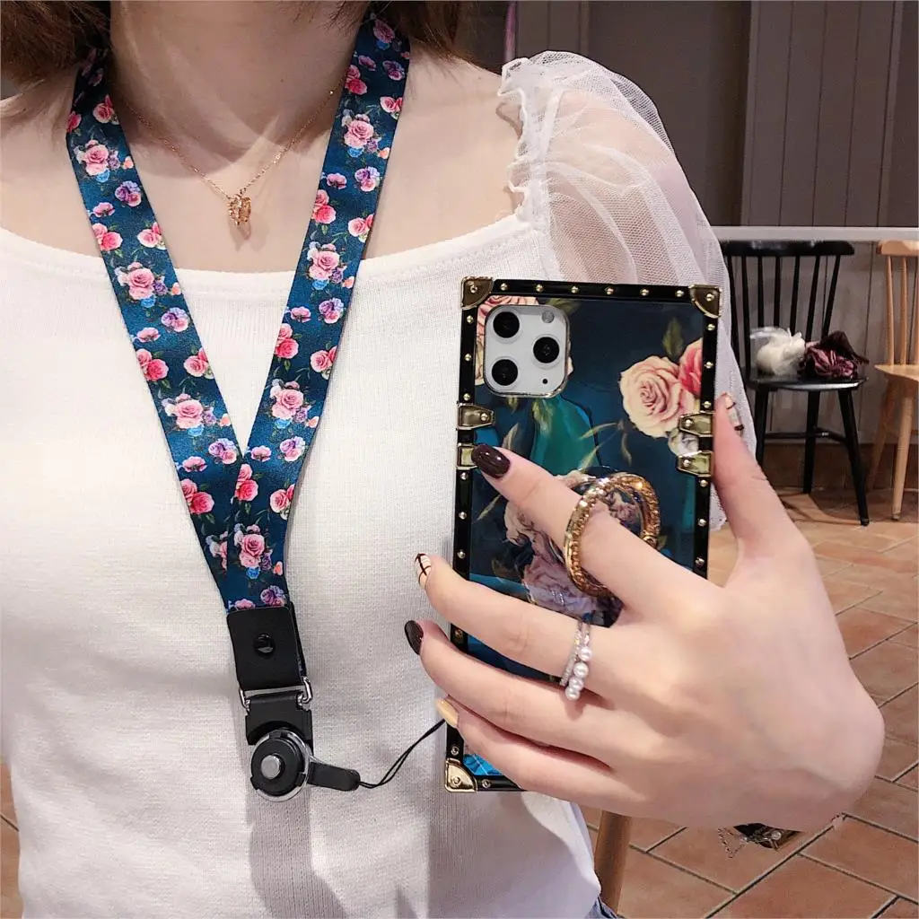 

Square Bling Diamond Shiny Rose Flower Stand Case For iPhone 12 11 Pro Max X Xr Xs Max 7 8 6 6s Plus Luxury With Strap Cover