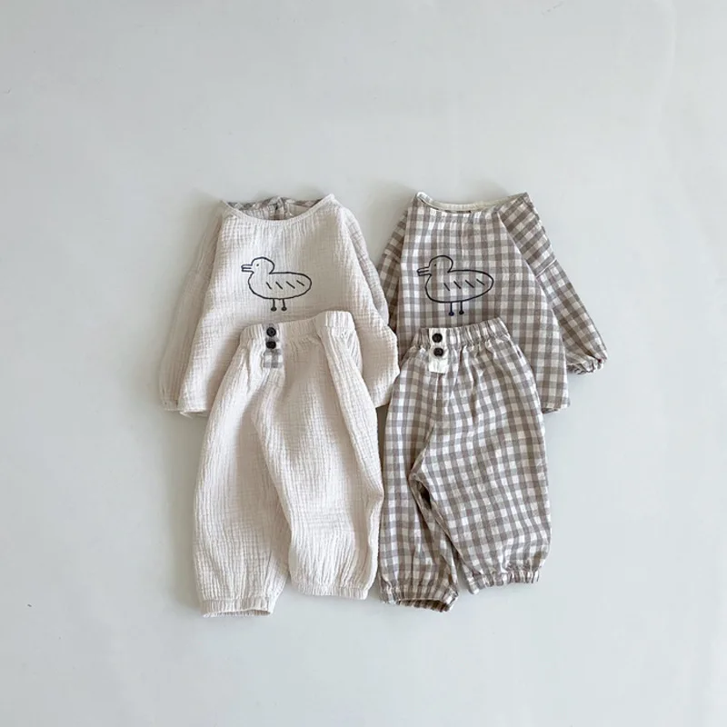 

Newborn Cute Cartoon Duckling Suit Baby Girl Boy Spring And Autumn Clothes Cotton And Linen Tops Pants 2pcs/set