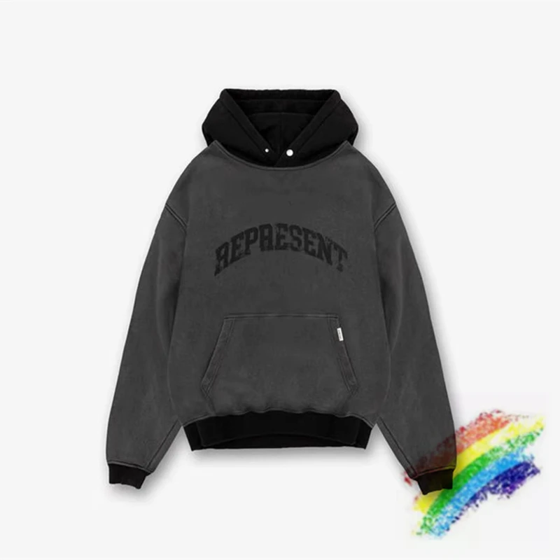 

Patchwork Represent Hooded Men Women 1:1 Top Quality Pullover Nice Washed Letter Logo Printing Hoodie