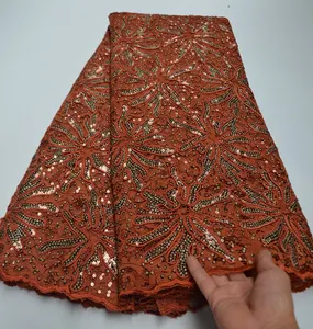 Последние сгоревшие оранжевые африканские вышитые тюлевые кружевные ткани 2020 высокое качество французская чистая кружевная ткань с блестками TS9219