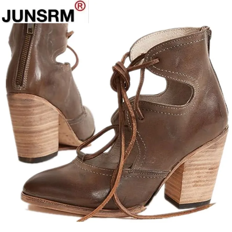 

New Women Shoes Low Heels Booties Round Toe Fashion Leather Large Size Rubber Mid-Calf Women Cross-tied Women's Strap Sandals