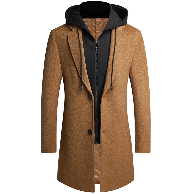 

New Fashion Men‘s Hooded Wool Jacket Autumn Winter Mens Long Windproof Warm Wool Coat Thick Slim Fit Jacket Male -40
