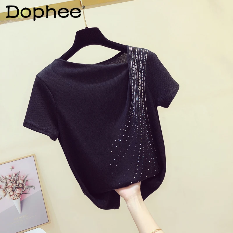 

Hot Rhinestone Ice Silk Black Irregular Summer T-shirt Ladies 2021 New Design Tight Short Sleeve Tops for Women Tshirts Clothes