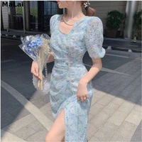 french elegant floral dresses kawaii blue split designer sweet dresses summer 2021 female casual vintage puff sleeve party dress