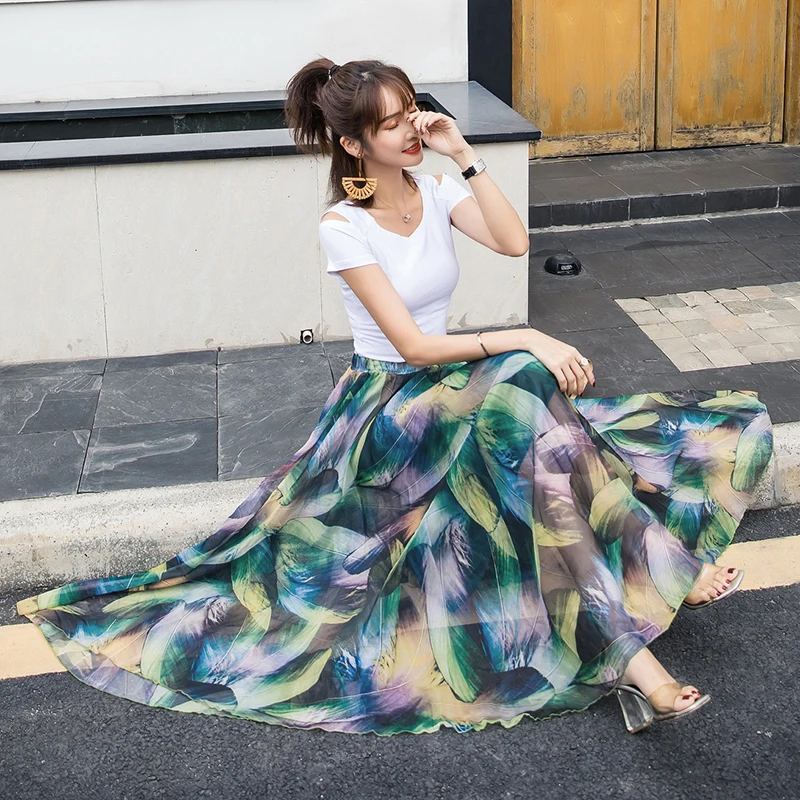 

TingYiLi Long Skirt Floral Print Chiffon Boho Beach Skirt Women Skirt