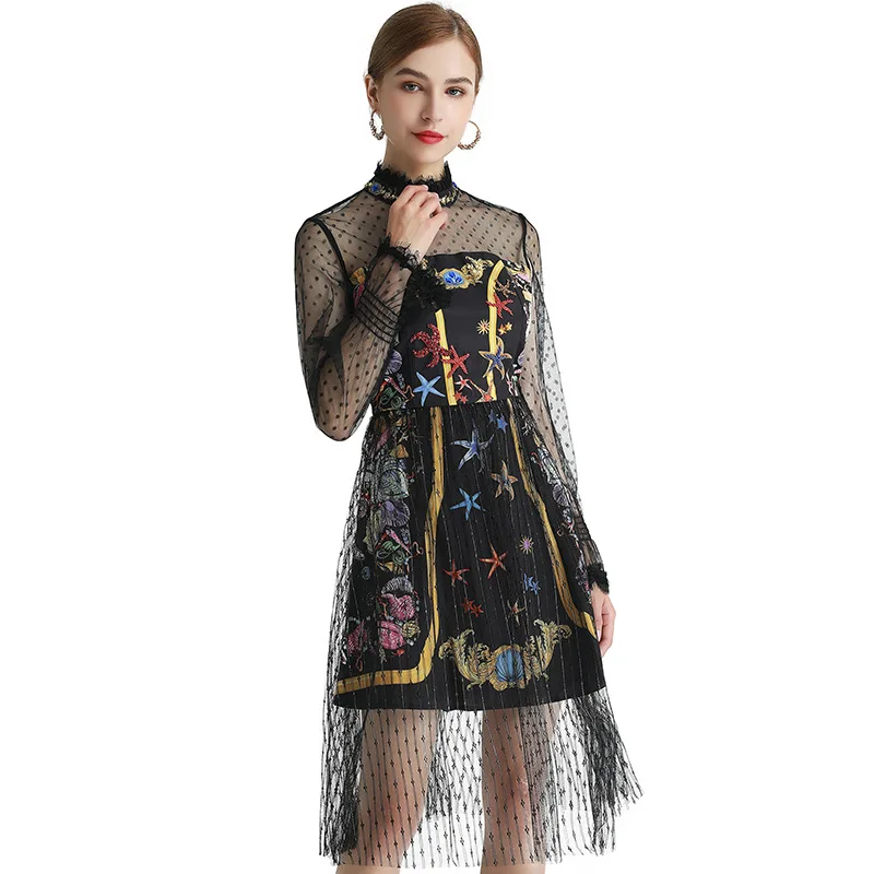 

Women's Mesh Lace Long-Sleeved Black Dress Stitching Starfish Printed Beads Rhinestones Women's Clothing 2021 New