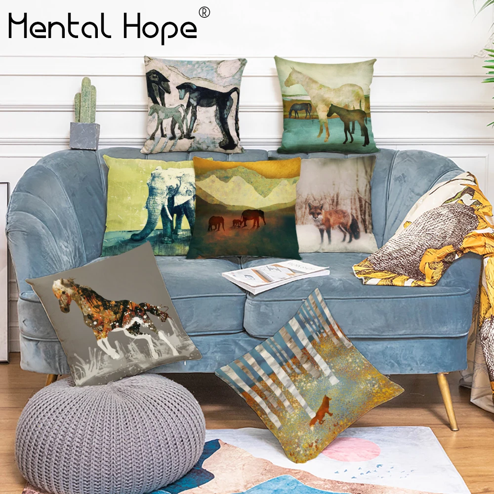 

Cartoon Cushion Cover Horse Deer Home Decor Throw Pillow Cover Linen Cotton Elephant Printed Square Pillowcase Drop Shipping