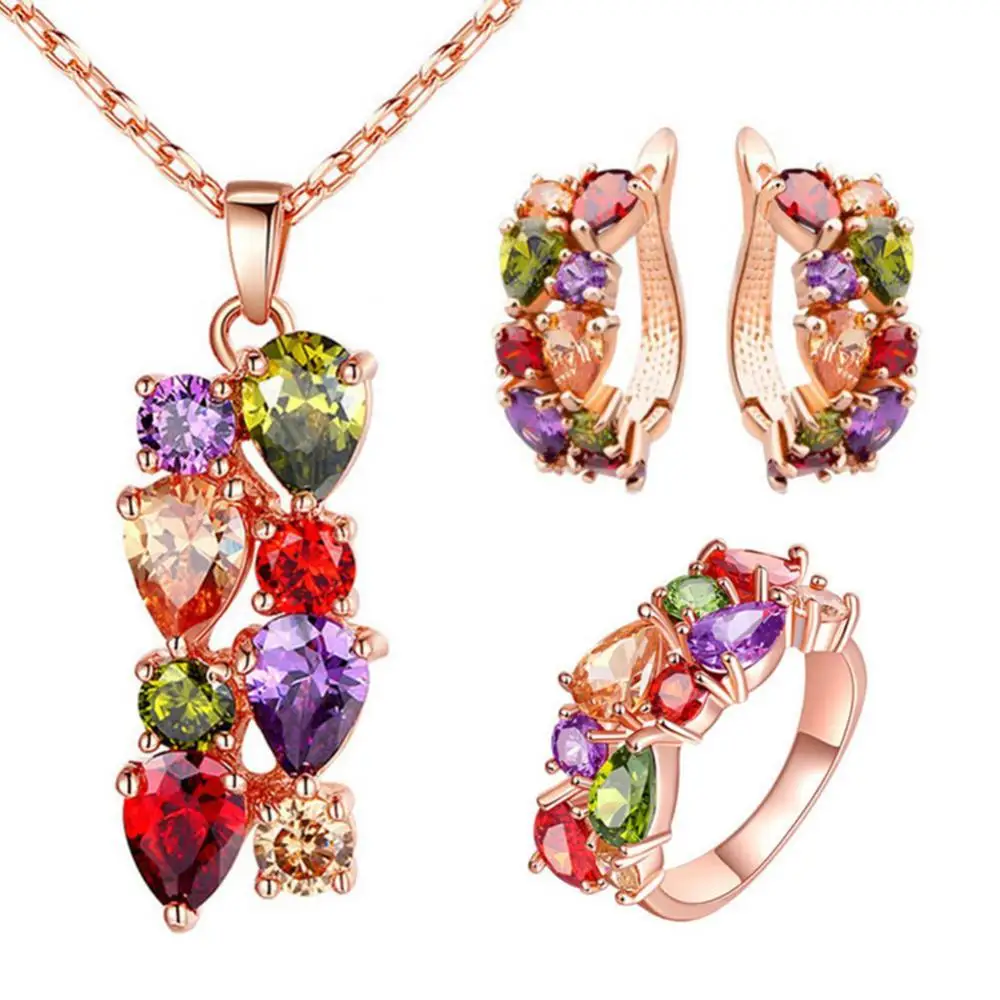 

Luxury Women Multicolor Rhinestone Pendant Necklace Earrings Ring Jewelry Set Necklace Earring Decoration Chain 2021 Trend