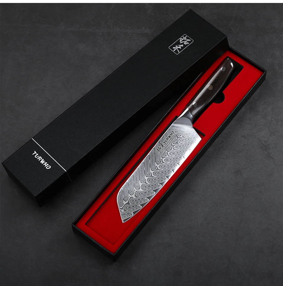 TURWHO, 7 дюймов, японские ножи шеф-повара, дамасская сталь, ножи Santoku, для мяса, фруктов, овощей, Профессиональный кухонный нож