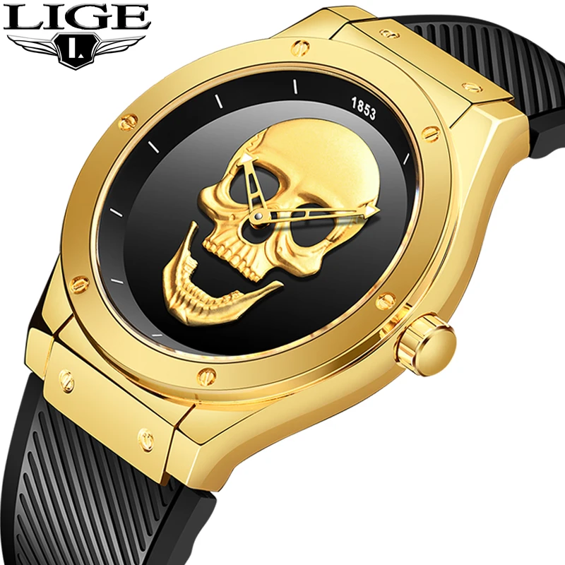 Часы наручные LIGE мужские с черепом роскошные Брендовые спортивные кварцевые