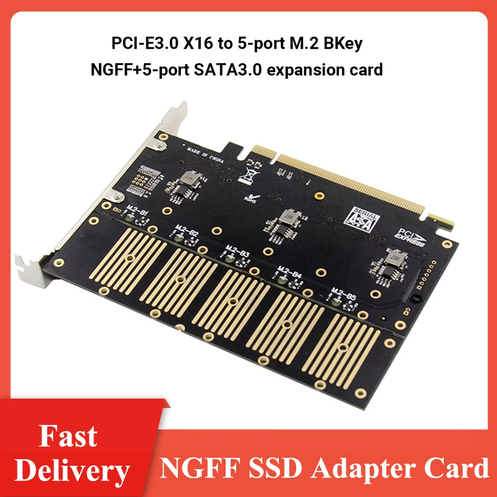 PCIe3.0 X16 to 5 Ports M.2 Key B NGFF 6Gbps Expansion Card NGFF SSD Adapter Card For Laptop PC Linux Win 7/win 8/win 10 32&64bit