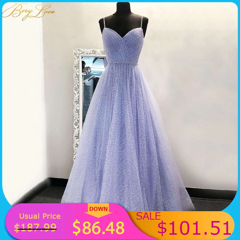 

Lovely Lavender Prom Dresses Glitter Shiny Sweetheart Evening Dress Long Spaghetti Strap Vestidos de cóctel Simple