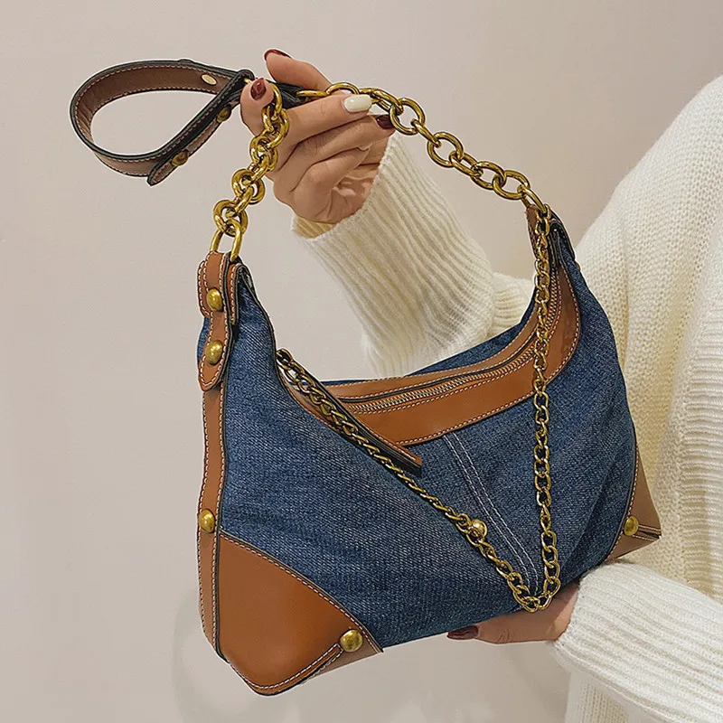 

Fashion Denim Women Axillary bags Chain hobos Shoulder Messenger Bags Small Rivet Ladies Handbags phone Purse Travel Bag blue