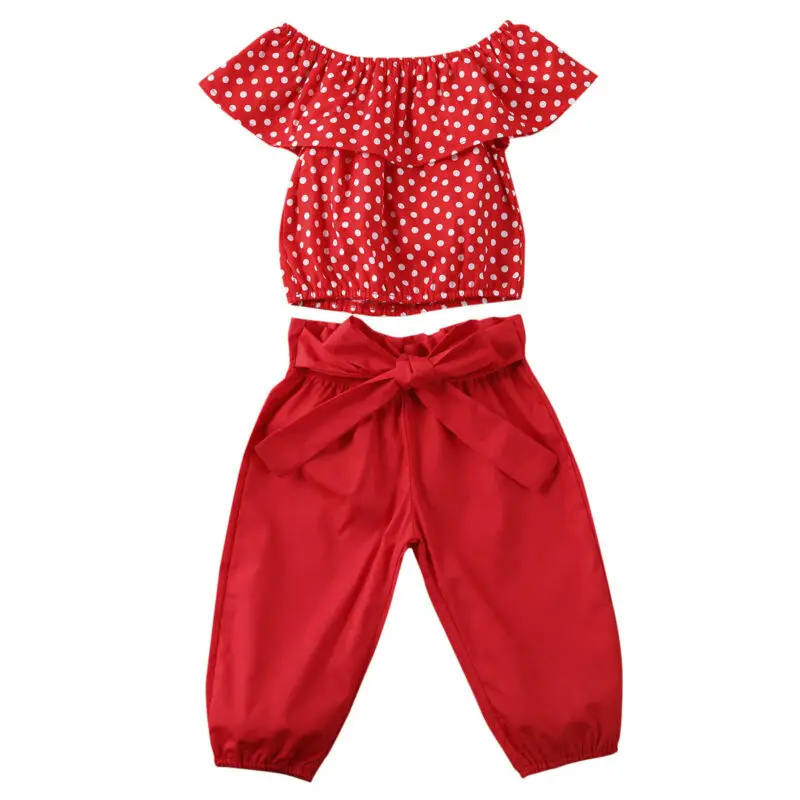 

AA 2020 Toddler Baby Girl Clothing Kid Sunsuit Clothes Ruffle Sleeveless Short Top + Trousers 2pcs Dot Pattern Clothing 6M-4Y