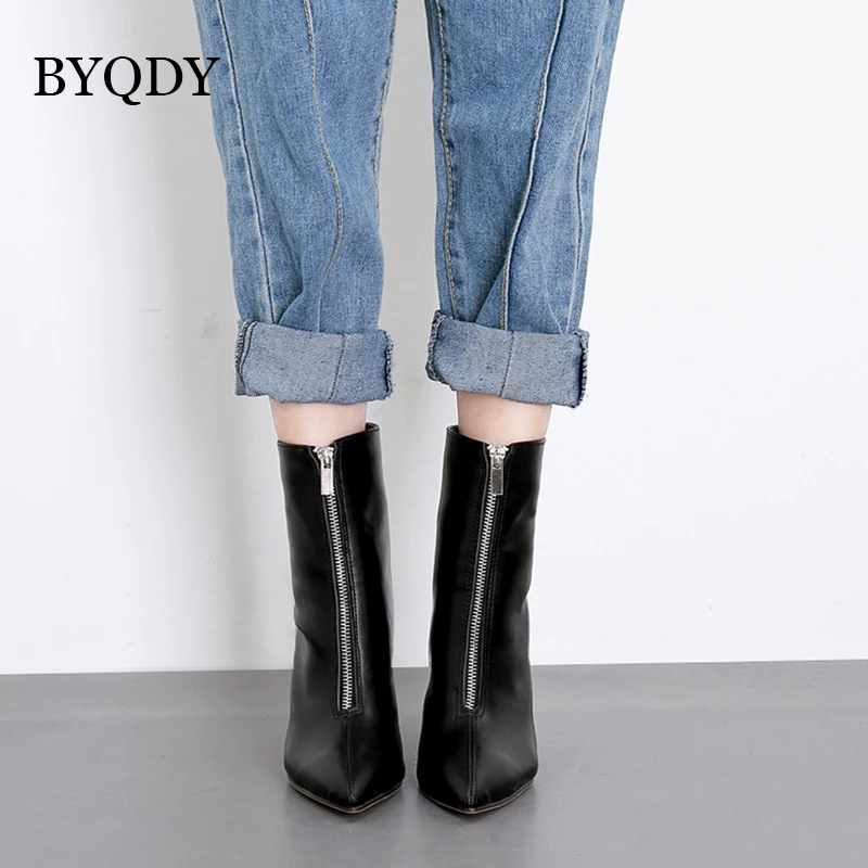 BYQDY/женские ботинки на молнии с острым носком спереди Botas ботильоны тонком