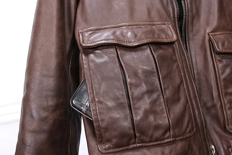 

2021 A3 baseball japan vintage genuine jacket oil wax cow leather coat men brown slim short