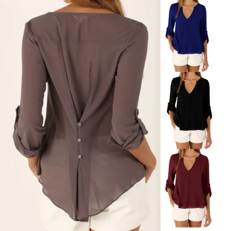 

Spring and summer new style V-neck sexy long-sleeved waist irregular large size chiffon shirt women