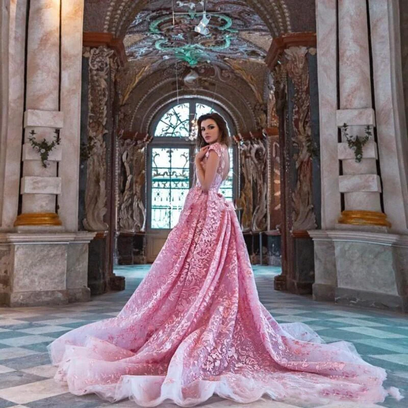 

Luxus Rosa Spitze Cap Sleeves Brautkleider Nach MaÃŸ Meerjungfrau Sweep Zug Saudi-arabien Abendkleider Mit Perlen GÃ¼rtel Sheer