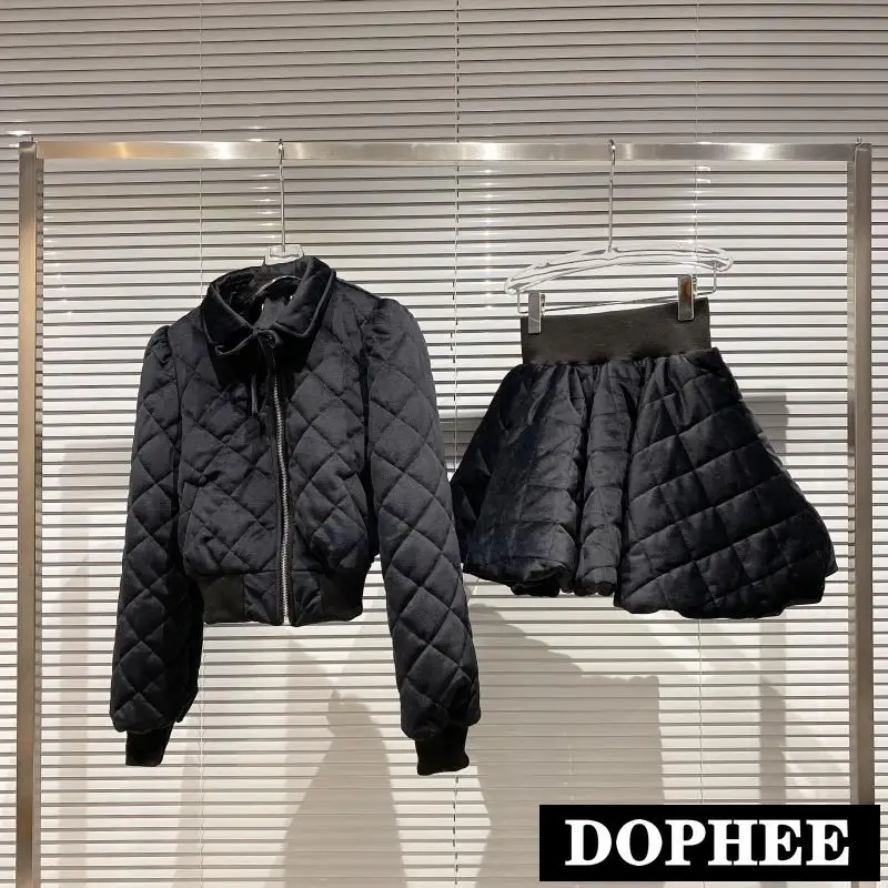 

Winter 2002 New Lady's Diamond-shaped Quilted Jacket Short Cotton Coat High Waist Cotton Skirt 2 Piece Streetwear Skirt Set