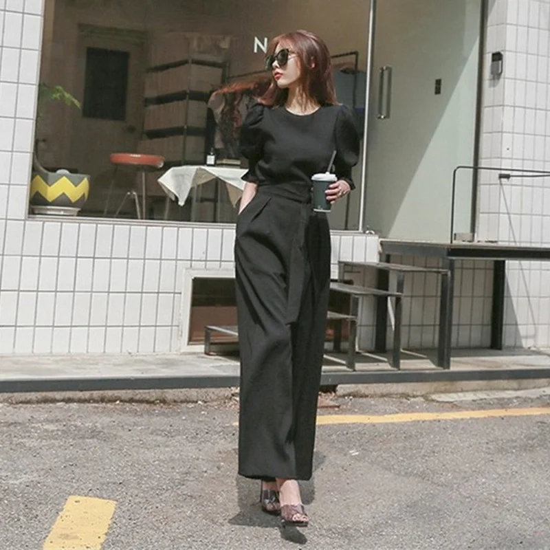 

Summer Lace Up Slim Waist One Piece Outfit Femme Casual Loose Wide Leg Pants Women Rompers New Simple Solid Jumpsuits